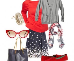 red sweater with navy skirt