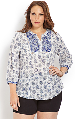 blue pattern boho plus size peasant top